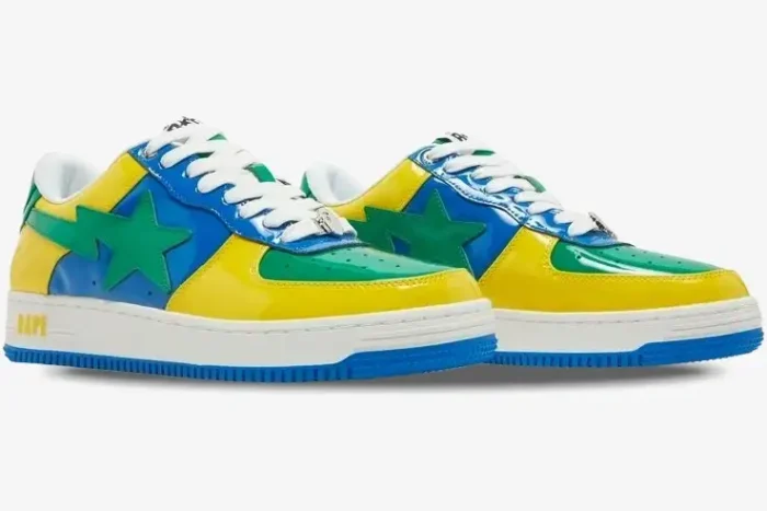 A pair of A Bathing Ape Bapesta M1 Brazil sneakers in yellow, blue, and green patent leather, side view. - SKU 1I80191004-BLXYE