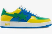 A Bathing Ape Bapesta M1 Brazil sneaker in yellow, blue, and green patent leather, side view. - SKU 1I80191004-BLXYE