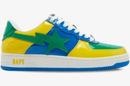 A Bathing Ape Bapesta M1 Brazil sneaker in yellow, blue, and green patent leather, side view. - SKU 1I80191004-BLXYE
