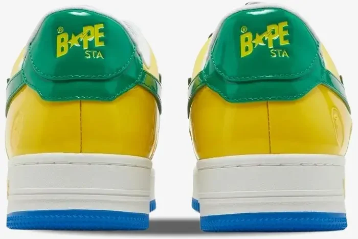 Rear view of A Bathing Ape Bapesta M1 Brazil sneakers in yellow, green, and blue patent leather. - SKU 1I80191004-BLXYE