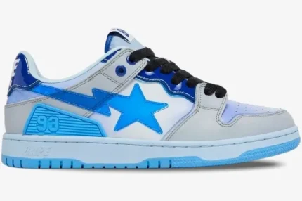 A Bathing Ape Sk8 Sta M1 sneaker in blue and grey, shown from a side profile perspective. - SKU 1I30191003-BLU