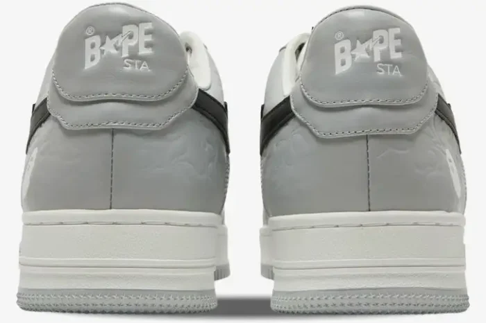 Rear view of A Bathing Ape Bape SK8 Sta sneakers in white and grey with embossed camo pattern. - SKU 1H70191002-WHT