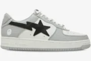 A Bathing Ape Bape Sta sneaker in white and grey embossed camo, side profile view with black star logo. - SKU 1H70191002-WHT