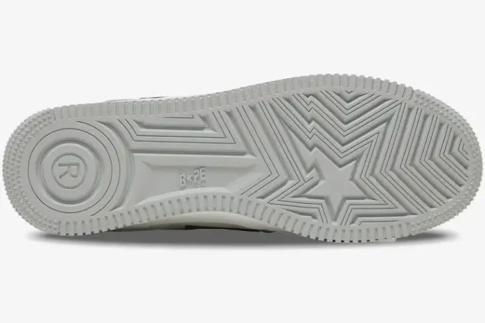 Bottom sole view of a white and grey Bape SK8 Sta sneaker featuring a star pattern and logo branding. - SKU 1H70191002-WHT