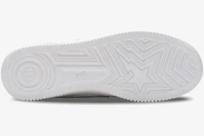 Bottom view of the white textured rubber outsole of a BAPE STA ABC Camo Blue sneaker. - SKU 1H20191045-BLU