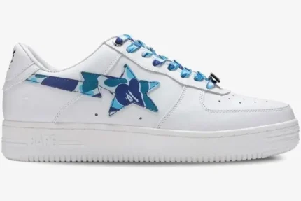 A Bathing Ape BAPE STA ABC Camo Blue sneaker in a side profile view with white leather and blue camo accents. - SKU 1H20191045-BLU