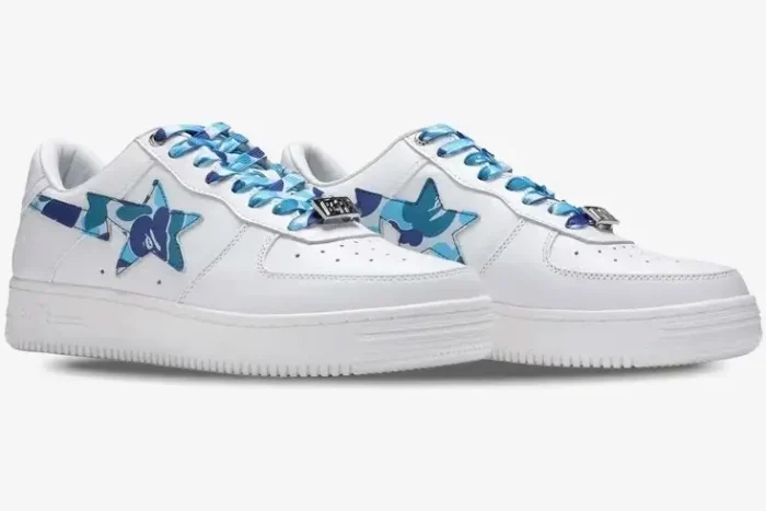 A Bathing Ape BAPE STA ABC Camo Blue sneakers in white leather with blue camouflage accents, side view. - SKU 1H20191045-BLU