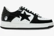 A Bathing Ape Bape Sta Low sneaker in black and white patent leather, side profile view. - SKU 1H70191001-BLK