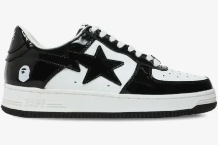 A Bathing Ape Bape Sta Low sneaker in black and white patent leather, side profile view. - SKU 1H70191001-BLK