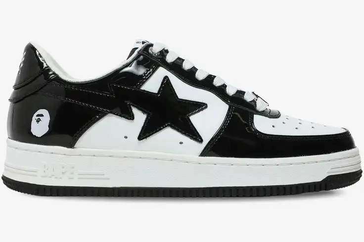 bape-sta-low-black-white-patent-side-view-1h70191001-blk-644-642 A Bathing Ape Bape Sta Low sneaker in black and white patent leather, side profile view. - SKU 1H70191001-BLK