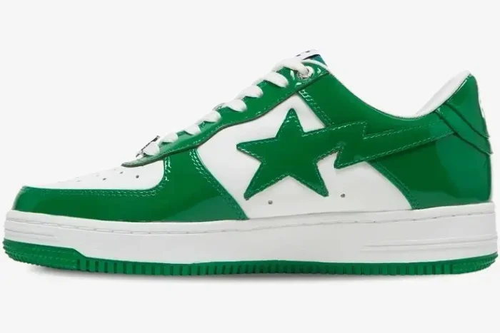 Side profile of a Bape Sta Low sneaker in green patent leather and white with a shooting star logo. - SKU 1H70191001-GRA
