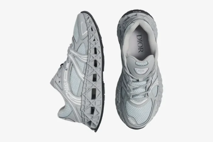 Christian Dior B35 NXXT grey lattice sneakers shown from top-down and side profile views on a white background. - SKU 3SN323ZCY_H860