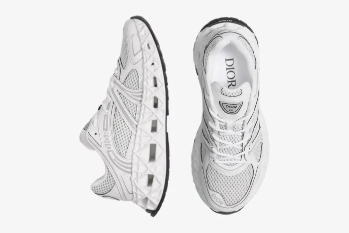 White and grey Christian Dior B35 NXXT sneakers with 3D-printed lattice sole, side and top views. - SKU 3SN323ZCY_H068
