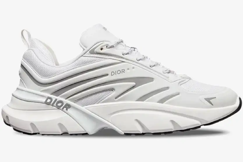 christian-dior-b44-blade-white-grey-side-view-3sn306zzy-h080-412-508 Side profile of Christian Dior B44 Blade x Lewis Hamilton sneakers in white and grey. - SKU 3SN306ZZY_H080