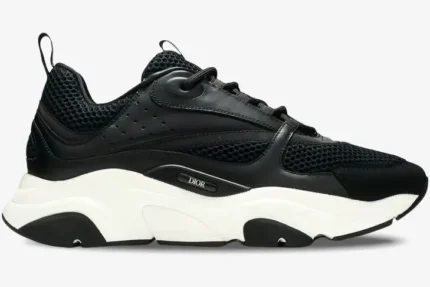 Dior B22 black calfskin and mesh sneaker in a side profile view with a chunky white and black sole. - SKU 3SN231YKB_H969