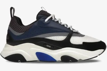 Side view of Dior B22 'Blue Grey' navy mesh and calfskin sneaker with chunky white midsole. - SKU 3SN231YKB_H560