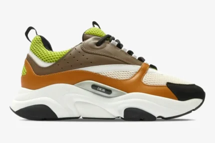 Dior B22 Ebony Green luxury sneaker in a side profile view with multi-colored leather and mesh panels. - SKU 3SN231YRK_H766