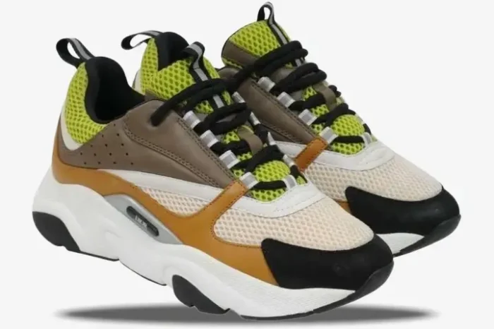 Dior B22 Ebony Green luxury streetwear sneakers in a three-quarter side view with chunky white soles. - SKU 3SN231YRK_H766