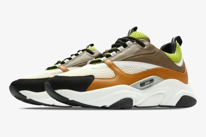 Side profile of Dior B22 Ebony Green sneakers featuring tan, white, and neon green mesh panels. - SKU 3SN231YRK_H766