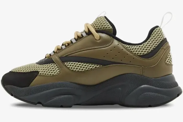 Dior B22 Khaki Black Calfskin luxury chunky sneaker shown from a side profile view. - SKU 3SN231ZHM_H630