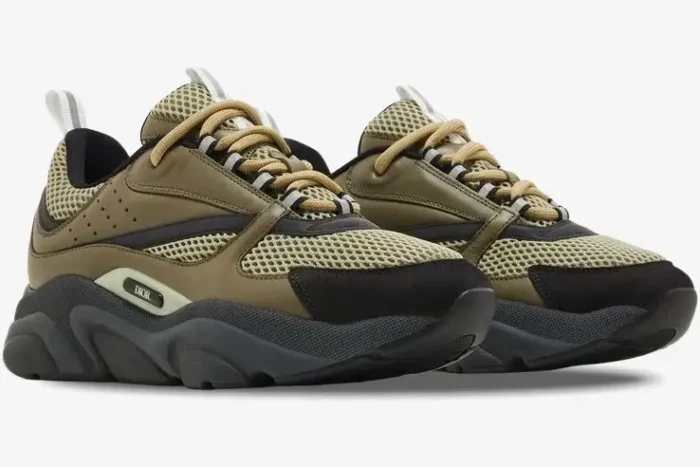Dior B22 khaki and black calfskin chunky sneakers shown from a side three-quarter angle. - SKU 3SN231ZHM_H630