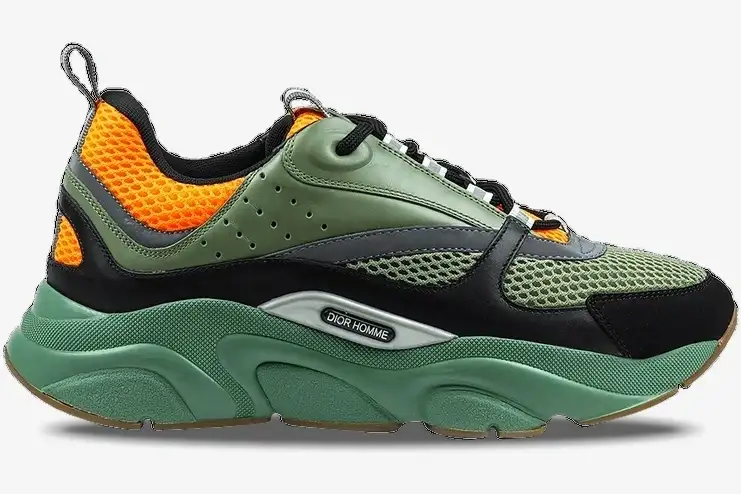 dior-b22-orange-olive-black-side-view-3sn231ykc-h663- Side profile of Dior B22 luxury sneakers in orange, olive green, and black with a chunky green sole. - SKU 3SN231YKC_H663