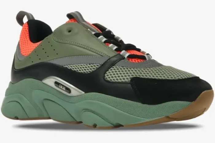 Dior B22 luxury sneakers in orange, olive, and black, shown from a side profile perspective. - SKU 3SN231YKC_H663