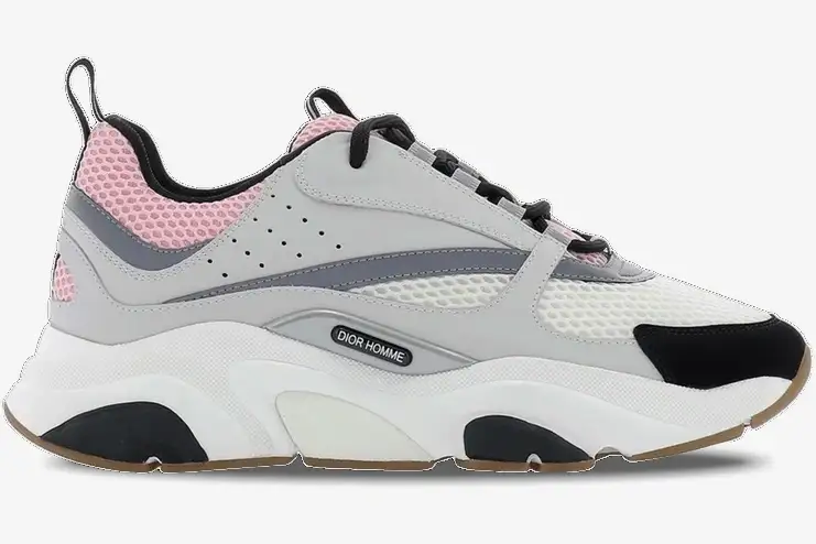 dior-b22-pale-pink-grey-sneaker-side-view-3sn231ykb-h060 Side profile of Dior B22 'Pale Pink Grey' luxury sneakers with mesh and leather panels on a chunky white sole. - SKU 3SN231YKB_H060