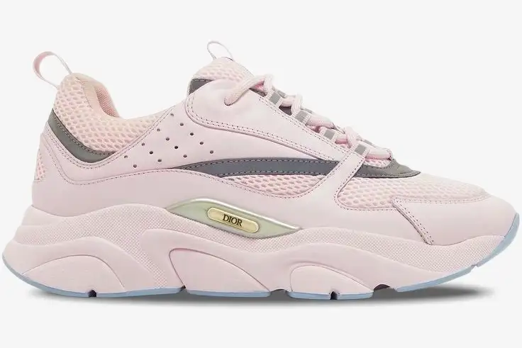 dior-b22-pink-technical-mesh-side-view-3sn231zry-h400-312-045 Side profile of a Dior B22 sneaker in pink technical mesh with silver accents and a chunky sole. - SKU 3SN231ZRY_H400