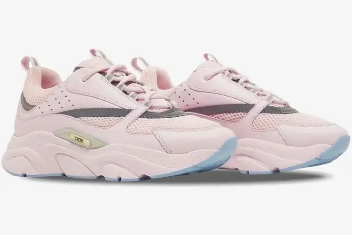 Dior B22 Pink Technical Mesh Pink Silver sneakers shown from a three-quarter side perspective. - SKU 3SN231ZRY_H400