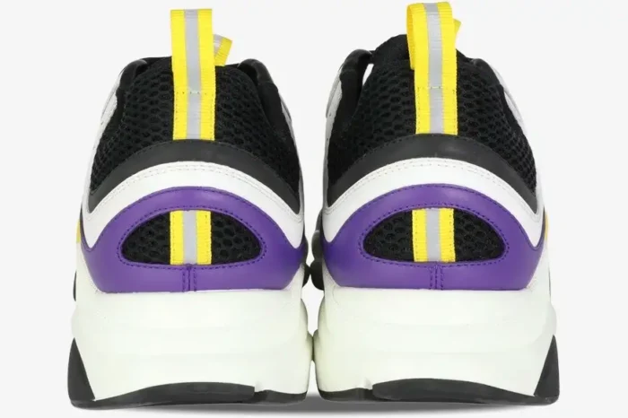 Rear view of Dior B22 sneakers in violet and white, featuring chunky soles and yellow pull tabs. - SKU 3SN231YKA_H065