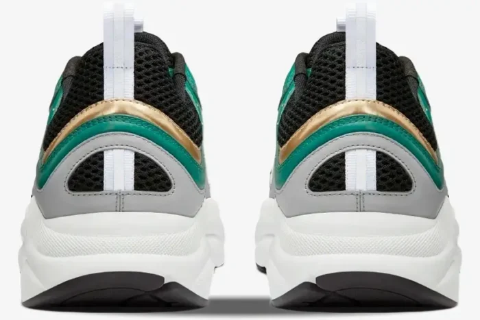 Rear view of Dior B22 luxury sneakers in white, black, green, and gold with chunky soles and pull tabs. - SKU 3SN231ZTA_H668
