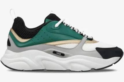 Side profile of Dior B22 sneaker in white, black, green, and gold with a chunky sole. - SKU 3SN231ZTA_H668