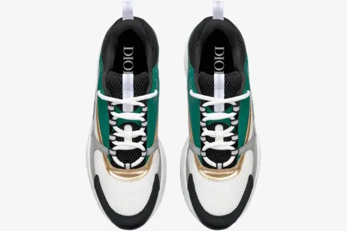 Top-down view of Dior B22 sneakers in white, black, green, and gold with white laces. - SKU 3SN231ZTA_H668