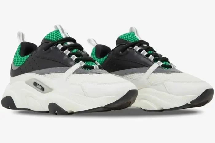 Dior B22 'White Green' luxury sneakers in a three-quarter side view with chunky soles. - SKU 3SN231YKA_H066