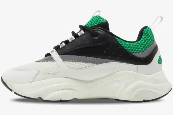 Dior B22 'White Green' luxury sneaker in a side profile view featuring white, black, and vibrant green mesh. - SKU 3SN231YKA_H066