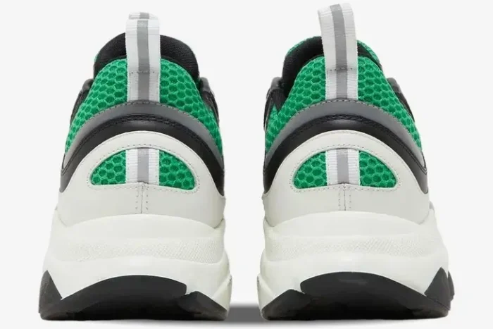 Rear view of Dior B22 luxury sneakers in white and green with chunky soles and reflective pull tabs. - SKU 3SN231YKA_H066