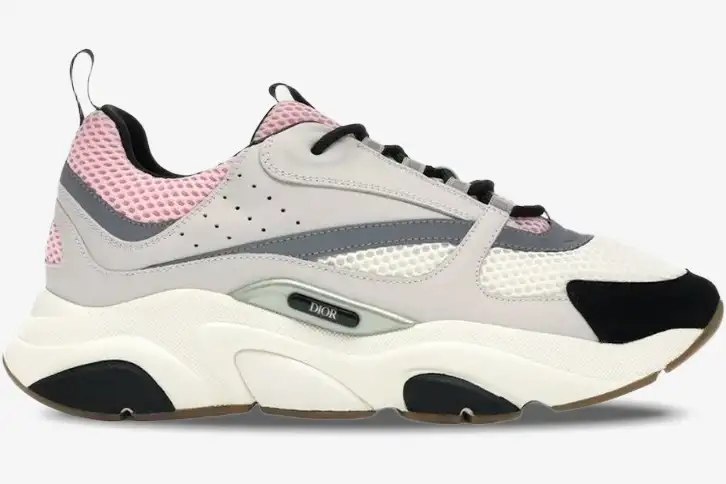 dior-b22-white-grey-pink-black-side-view-3sn231ykb-h069-901-880 Dior B22 sneaker in white, grey, pale pink, and black, shown from a side profile view. - SKU 3SN231YKB_H069
