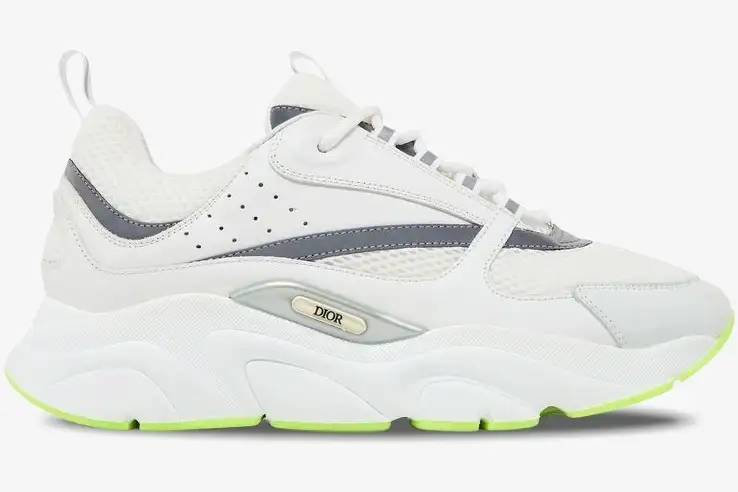 dior-b22-white-silver-fluo-green-side-view-3sn231yka-h000-760-141 Side profile of Dior B22 sneakers in white and silver with a fluo green outsole. - SKU 3SN231YKA_H000