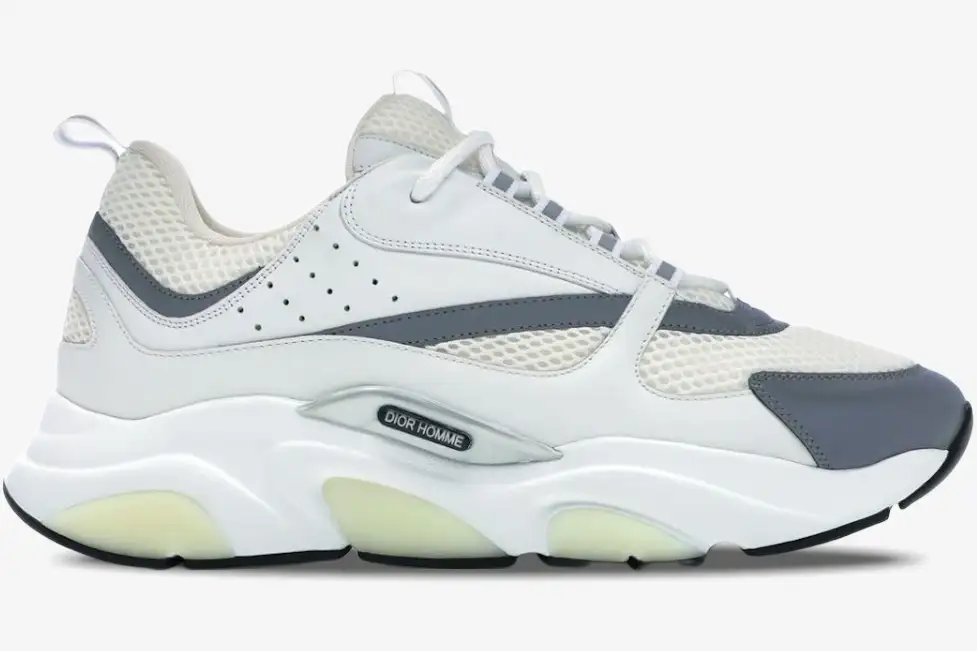 dior-b22-white-silver-sneaker-side-view-3sn231yjg-h000-366-336 Side profile of Dior B22 White Silver luxury technical sneaker with mesh and leather panels. - SKU 3SN231YJG_H000