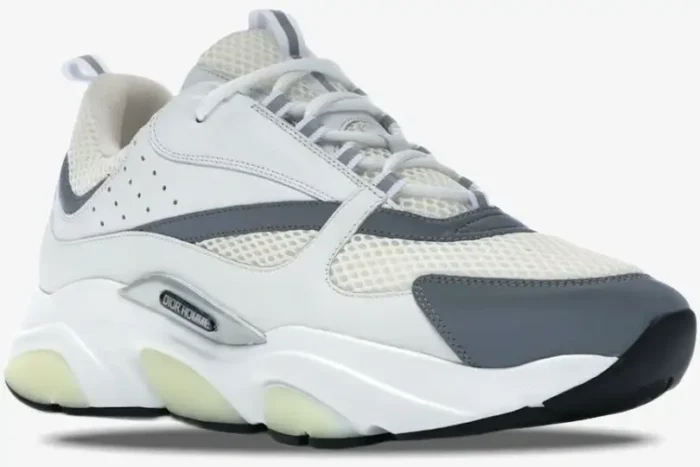 Side view of Dior B22 White Silver luxury technical sneaker with mesh panels and chunky soles. - SKU 3SN231YJG_H000