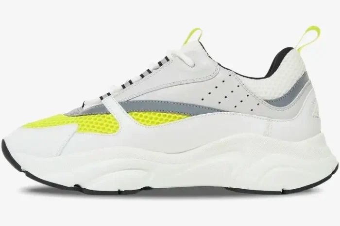 Dior B22 White Yellow technical mesh and leather sneaker in a side profile view. - SKU 3SN231YKA_H061