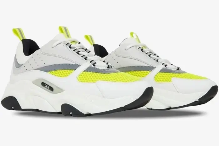 Dior B22 White Yellow technical mesh and leather sneakers shown from a side perspective. - SKU 3SN231YKA_H061