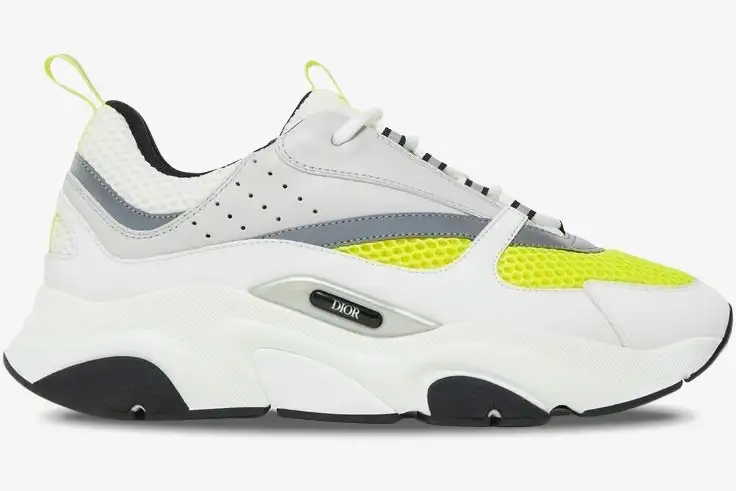 dior-b22-white-yellow-sneaker-side-view-3sn231yka-h061-873-023 Side profile of Dior B22 'White Yellow' technical mesh and leather sneaker with a chunky white sole. - SKU 3SN231YKA_H061