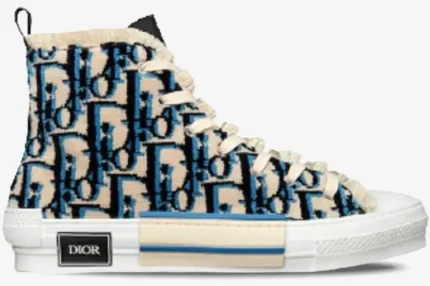 Dior B23 high-top sneaker in blue and beige Oblique canvas, side profile view with white rubber sole. - SKU 3SH129ZGT_H561