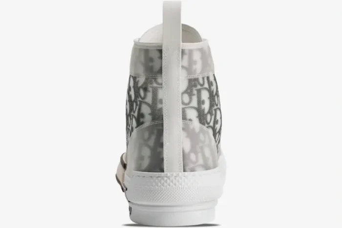 Rear view of Dior B23 High Top sneaker in white and grey Oblique canvas showing the heel and pull tab. - SKU 3SH118YJP_H069