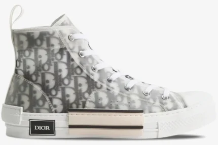 Side profile of a Dior B23 High Top sneaker in white and grey Oblique canvas with translucent panels. - SKU 3SH118YJP_H069