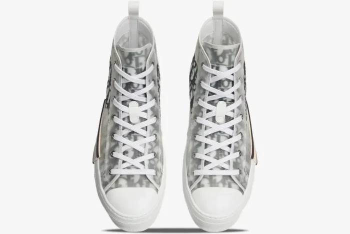 Top-down view of Dior B23 High Top sneakers in white and grey oblique canvas with white laces. - SKU 3SH118YJP_H069