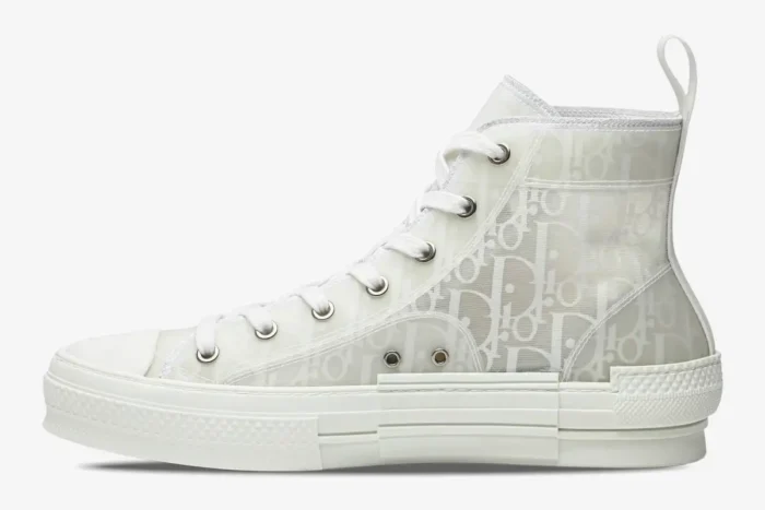 Side profile of Dior B23 High sneakers in transparent white with raised Dior Oblique pattern. - SKU 3SH129ZOO_H060