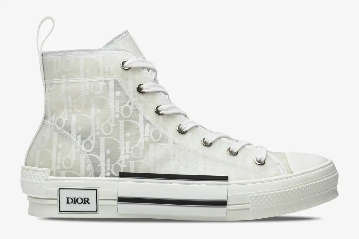 dior-b23-high-transparent-white-side-view-3sh129zoo-h060-234-228 Dior B23 High-top sneaker in transparent white with raised Oblique pattern, side profile view. - SKU 3SH129ZOO_H060